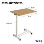 EQUIPMED Overbed Table with Gas Lift, 15kg Load, Steel Frame, 78-107cm Adjustable Height, Lockable Castors, Home Care Use