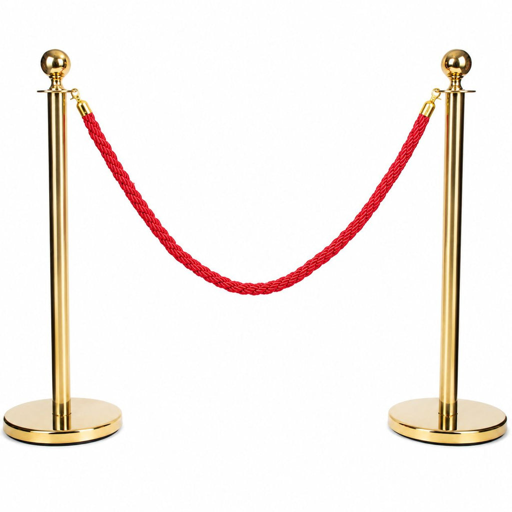 Gold Queue Barrier Stanchion Set of 2 with Red Velvet Rope Crowd Control Bollards