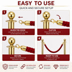Premium Velvet Rope Barrier Queue Rope with Gold Hooks Red 150cm VIP Crowd Control Rope