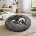 Dog Pet Cat Calming Bed Warm Plush Round Nest Comfy Sleeping Bed Dark Grey 90cm