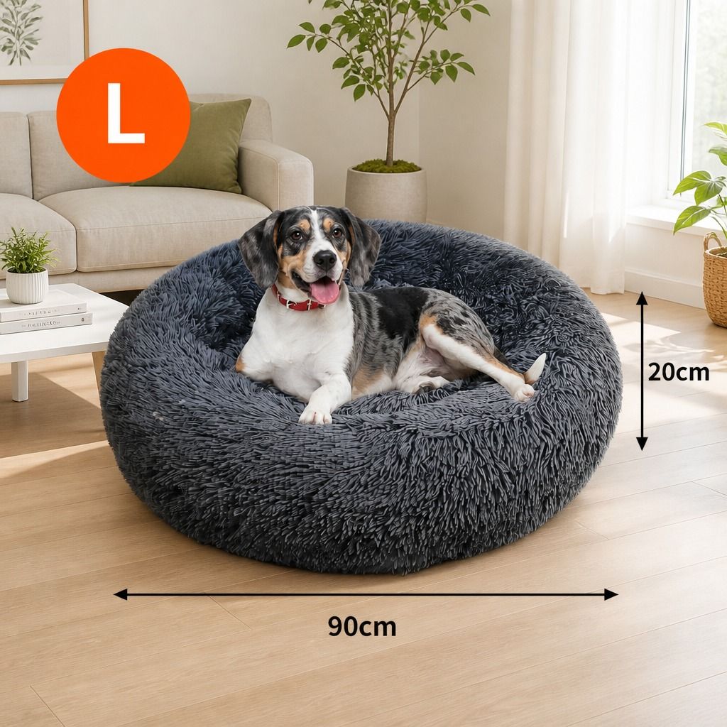 Dog Pet Cat Calming Bed Warm Plush Round Nest Comfy Sleeping Bed Dark Grey 90cm