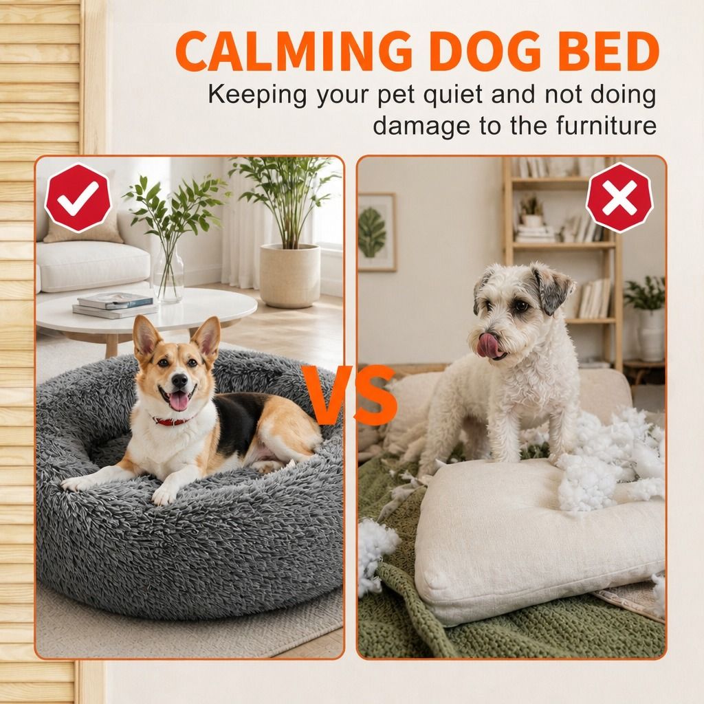 Dog Pet Cat Calming Bed Warm Plush Round Nest Comfy Sleeping Bed Dark Grey 90cm