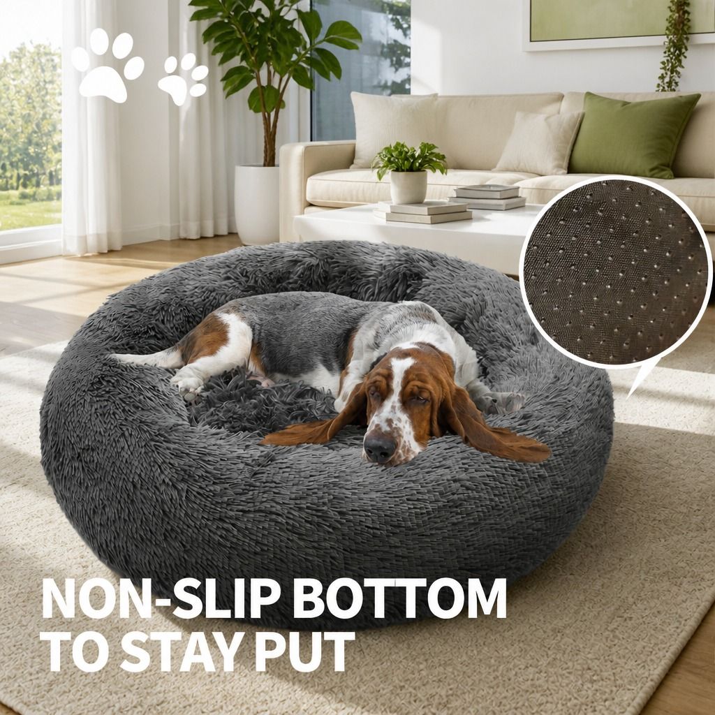 Dog Pet Cat Calming Bed Warm Plush Round Nest Comfy Sleeping Bed Dark Grey 90cm