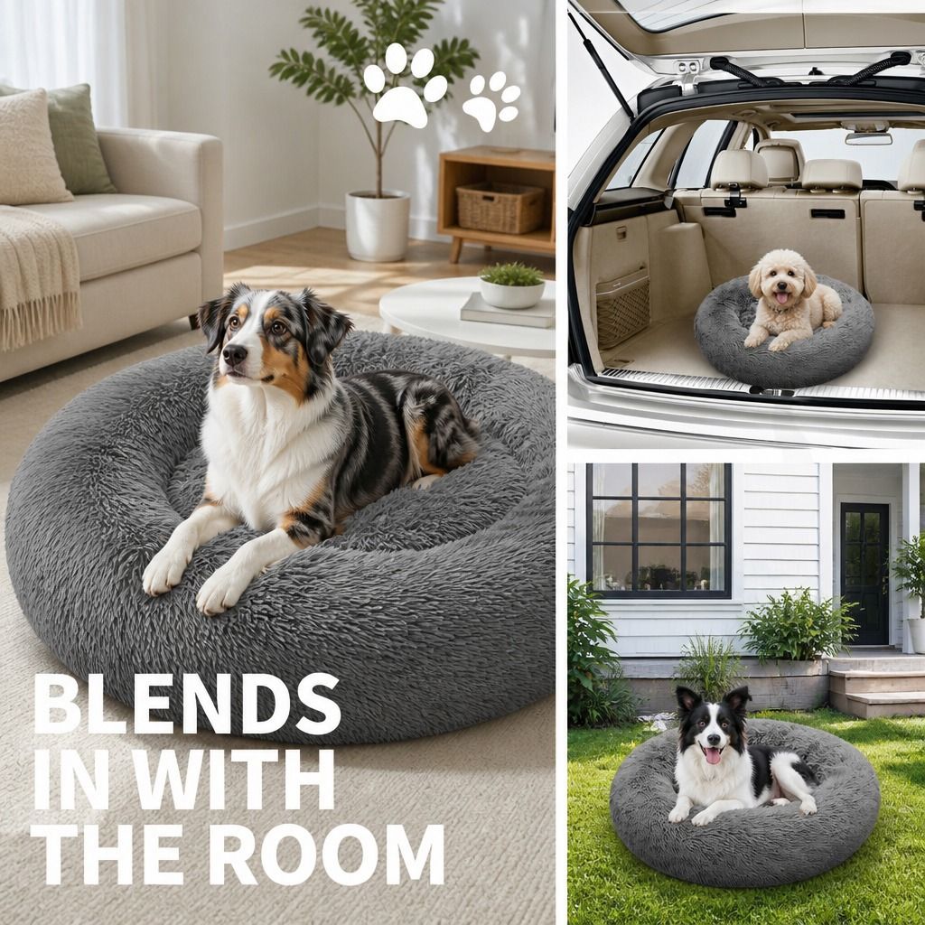 Dog Pet Cat Calming Bed Warm Plush Round Nest Comfy Sleeping Bed Dark Grey 90cm