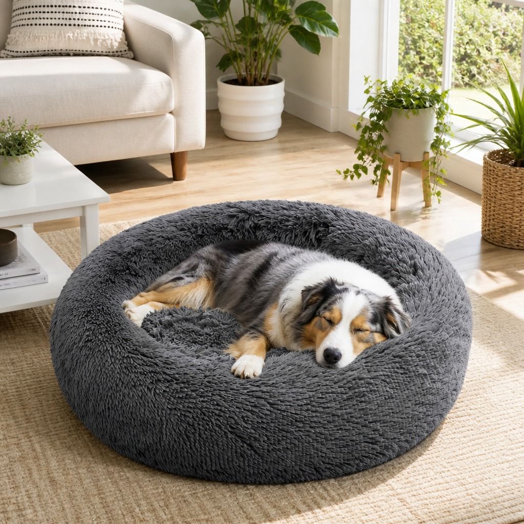 Dog Pet Cat Calming Bed Warm Plush Round Nest Comfy Sleeping Bed Dark Grey 90cm