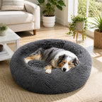 Dog Pet Cat Calming Bed Warm Plush Round Nest Comfy Sleeping Bed Dark Grey 90cm