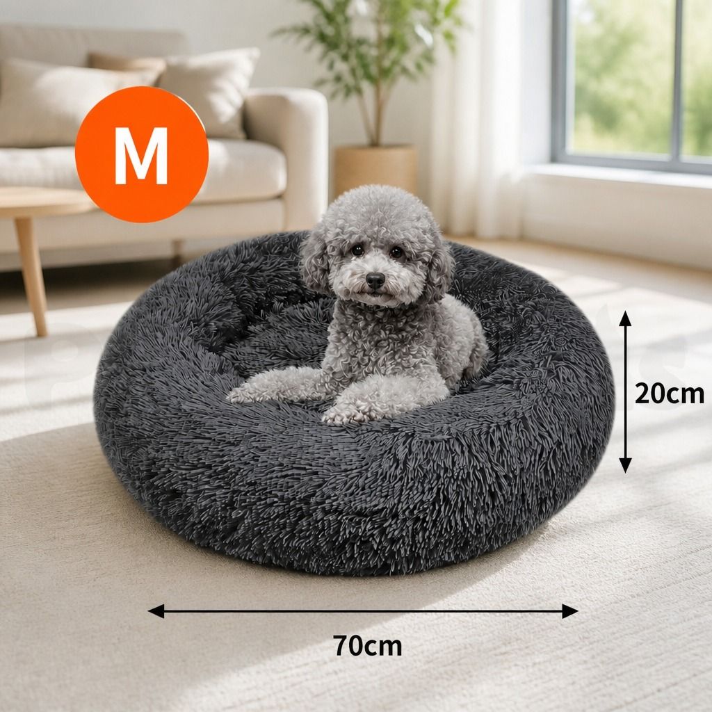 Dog Pet Cat Calming Bed Warm Plush Round Nest Comfy Sleeping Bed Dark Grey 70cm
