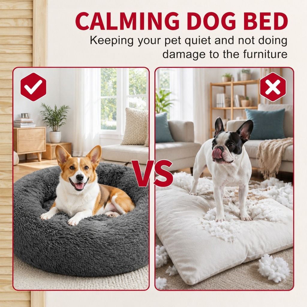 Dog Pet Cat Calming Bed Warm Plush Round Nest Comfy Sleeping Bed Dark Grey 70cm