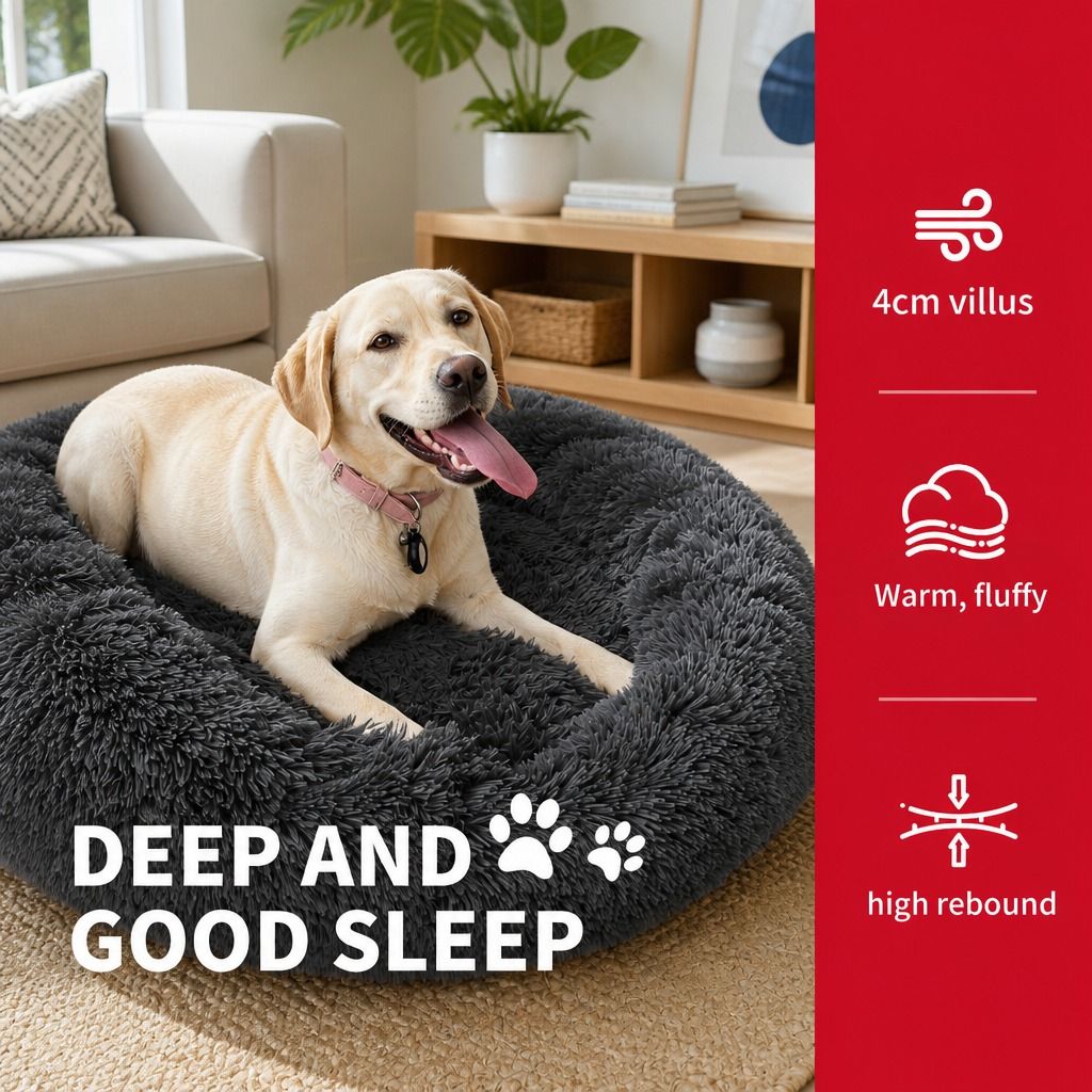 Dog Pet Cat Calming Bed Warm Plush Round Nest Comfy Sleeping Bed Dark Grey 70cm