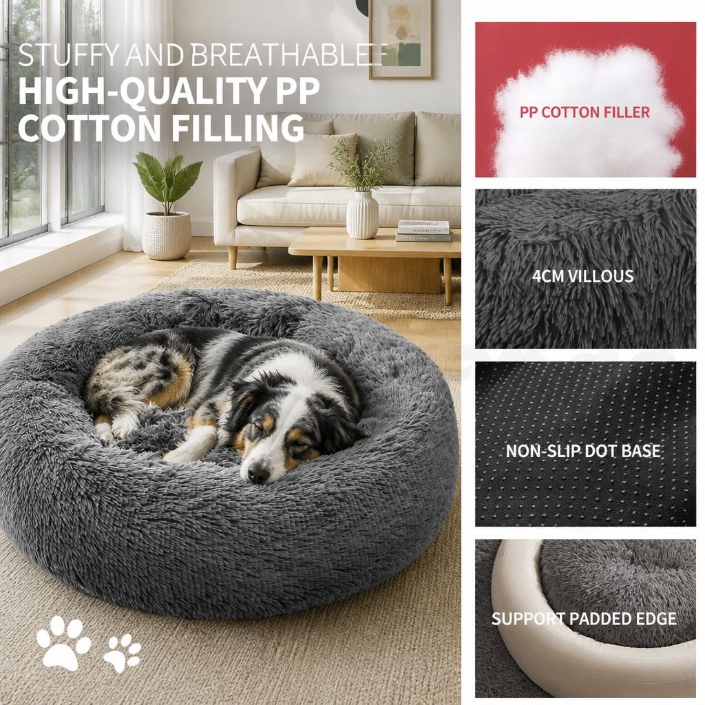 Dog Pet Cat Calming Bed Warm Plush Round Nest Comfy Sleeping Bed Dark Grey 70cm