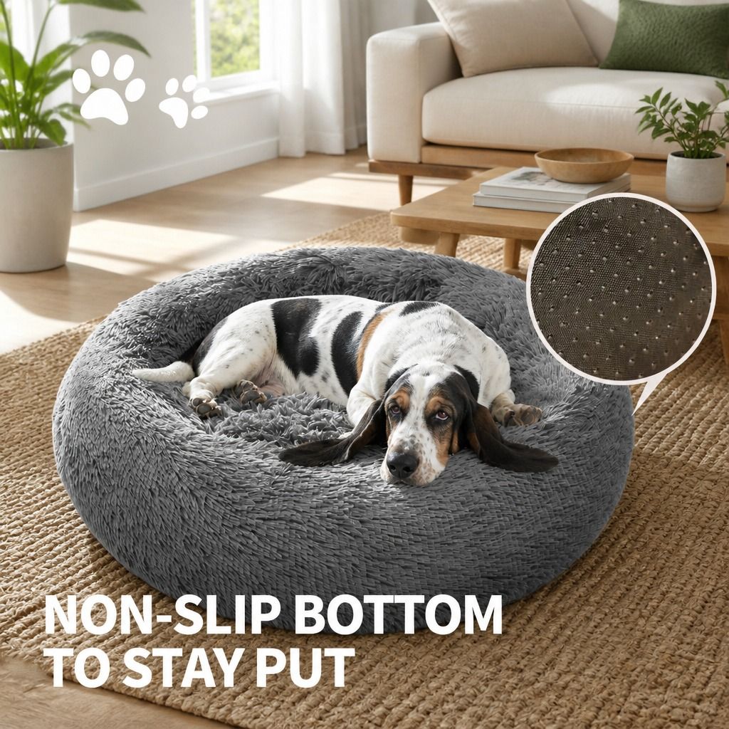Dog Pet Cat Calming Bed Warm Plush Round Nest Comfy Sleeping Bed Dark Grey 70cm