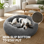Dog Pet Cat Calming Bed Warm Plush Round Nest Comfy Sleeping Bed Dark Grey 70cm