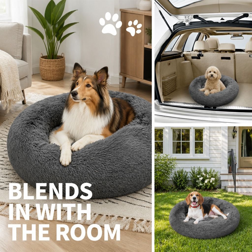 Dog Pet Cat Calming Bed Warm Plush Round Nest Comfy Sleeping Bed Dark Grey 70cm