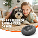 Dog Pet Cat Calming Bed Warm Plush Round Nest Comfy Sleeping Bed Dark Grey 70cm