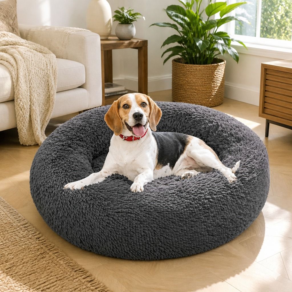 Dog Pet Cat Calming Bed Warm Plush Round Nest Comfy Sleeping Bed Dark Grey 70cm