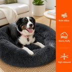 Dog Pet Cat Calming Bed Warm Plush Round Nest Comfy Sleeping Bed Dark Grey 100cm