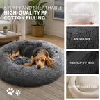 Dog Pet Cat Calming Bed Warm Plush Round Nest Comfy Sleeping Bed Dark Grey 100cm