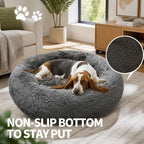 Dog Pet Cat Calming Bed Warm Plush Round Nest Comfy Sleeping Bed Dark Grey 100cm