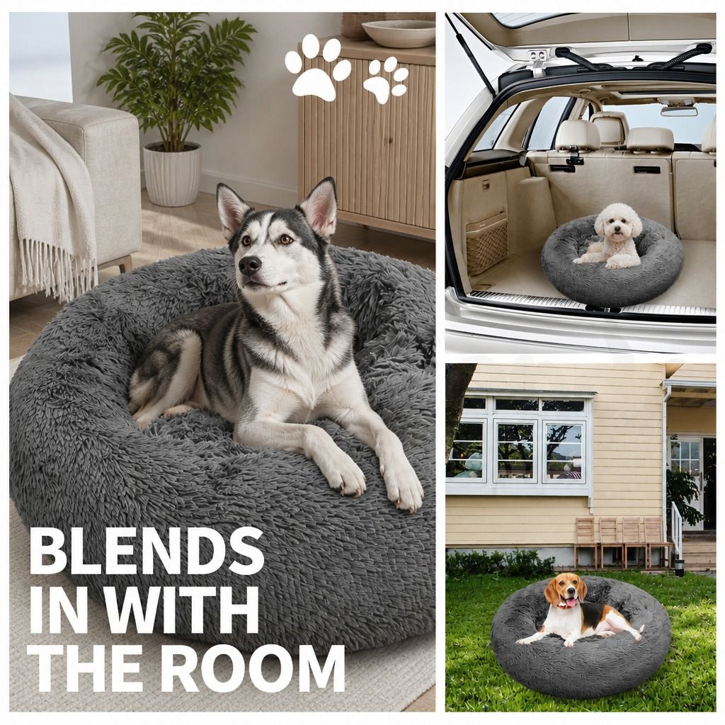 Dog Pet Cat Calming Bed Warm Plush Round Nest Comfy Sleeping Bed Dark Grey 100cm