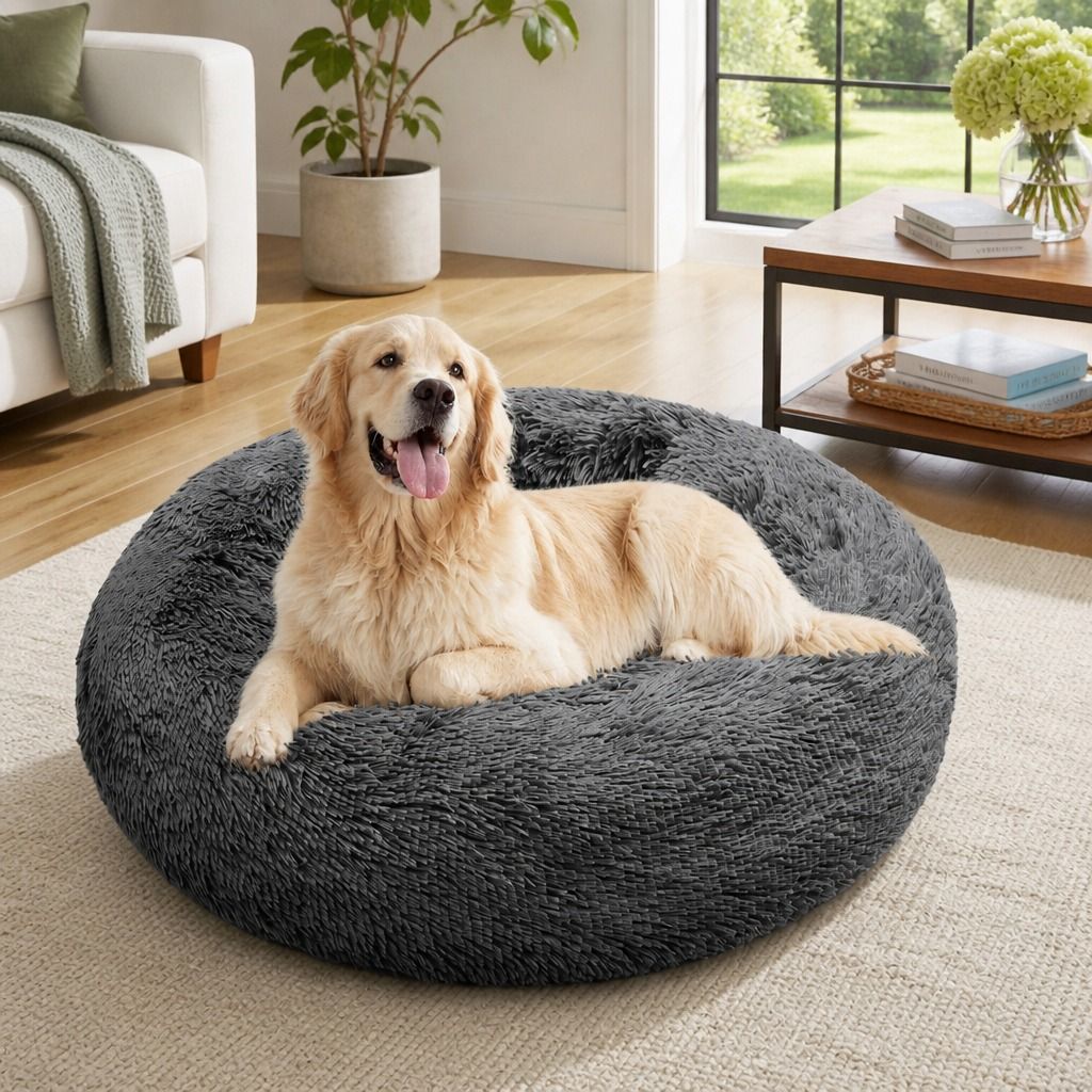 Dog Pet Cat Calming Bed Warm Plush Round Nest Comfy Sleeping Bed Dark Grey 100cm