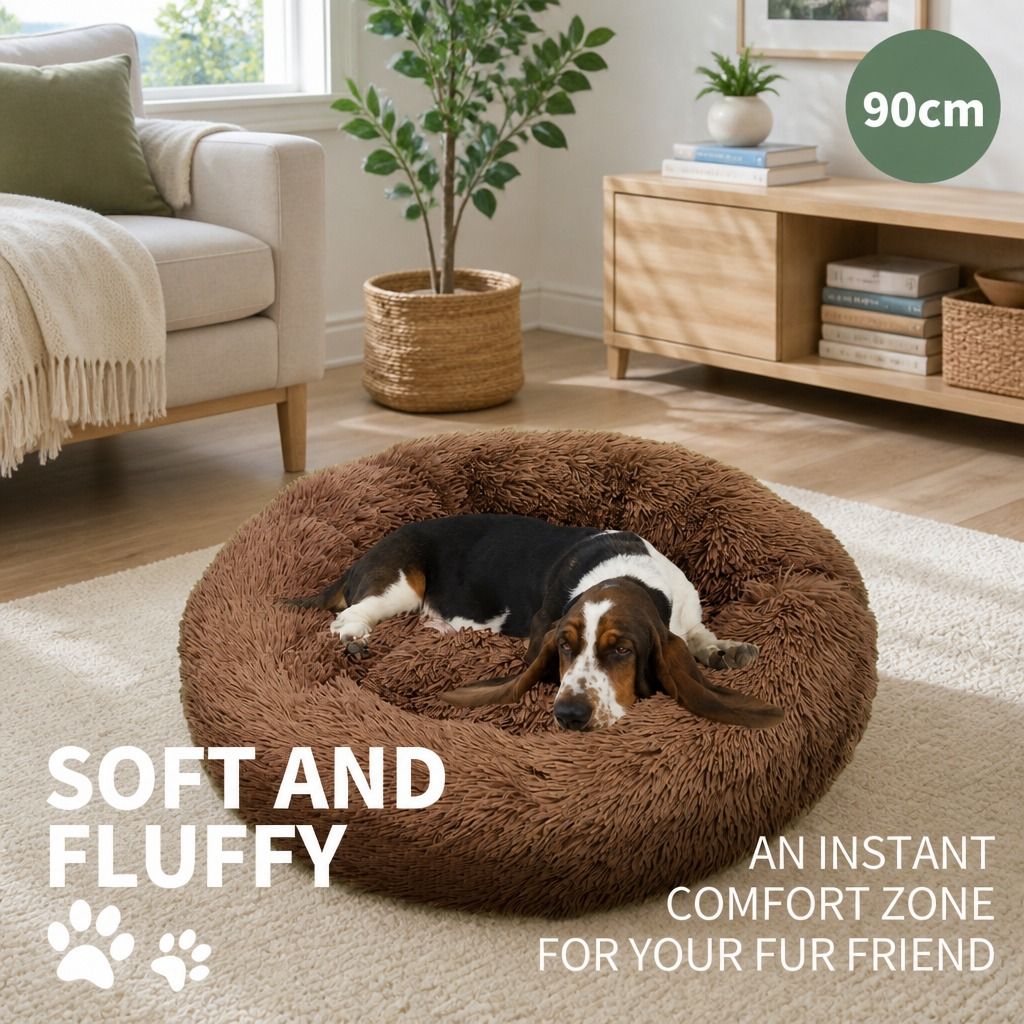 Pet Dog Bedding Warm Plush Round Comfortable Dog Nest Light Coffee Large 90cm