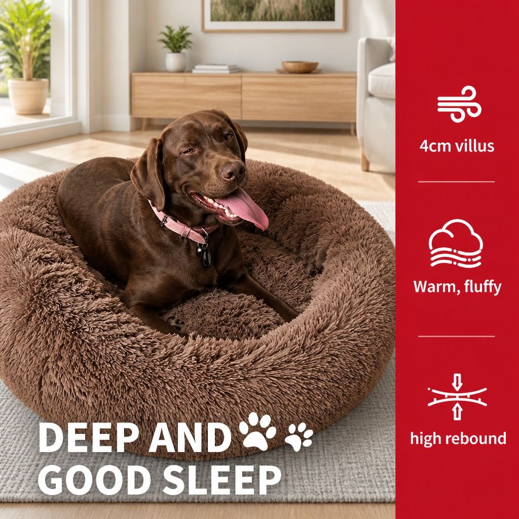 Pet Dog Bedding Warm Plush Round Comfortable Dog Nest Light Coffee Large 90cm