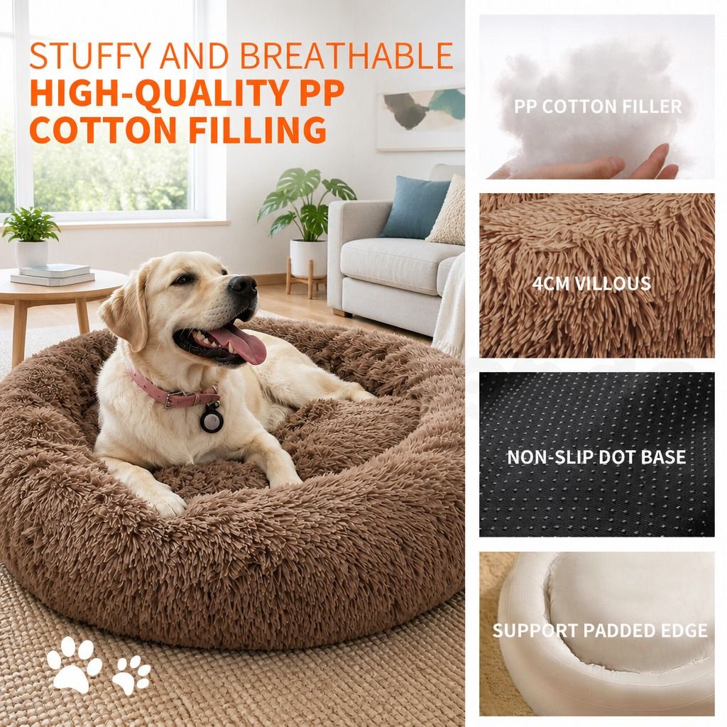 Pet Dog Bedding Warm Plush Round Comfortable Dog Nest Light Coffee Large 90cm