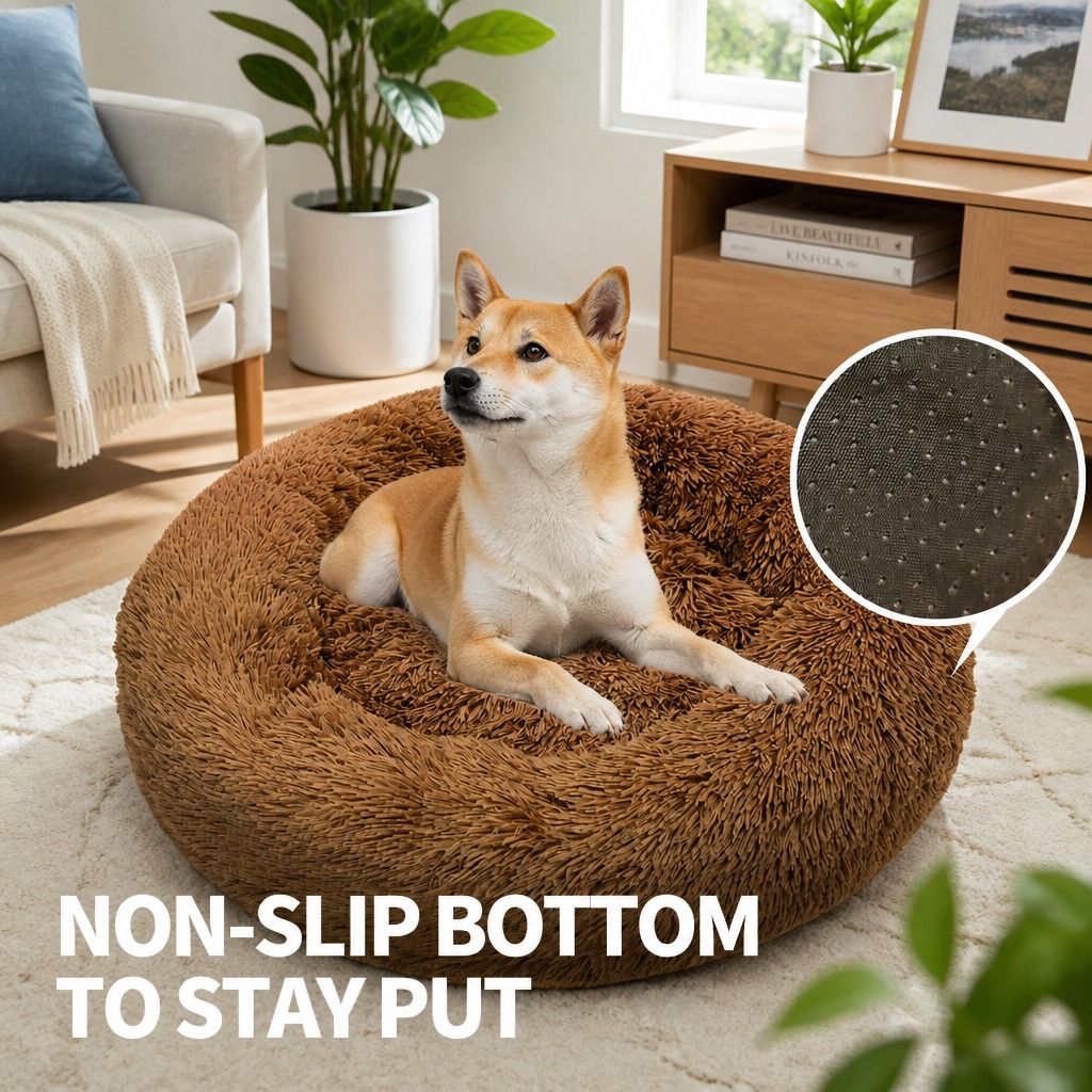 Pet Dog Bedding Warm Plush Round Comfortable Dog Nest Light Coffee Large 90cm
