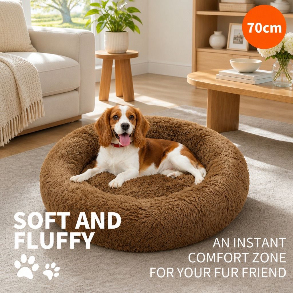 Pet Dog Bedding Warm Plush Round Comfortable Nest Sleeping kennel Coffee M 70cm