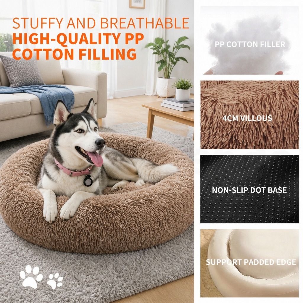 Pet Dog Bedding Warm Plush Round Comfortable Nest Sleeping kennel Coffee M 70cm