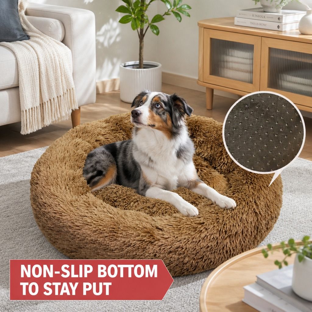 Pet Dog Bedding Warm Plush Round Comfortable Nest Sleeping kennel Coffee M 70cm