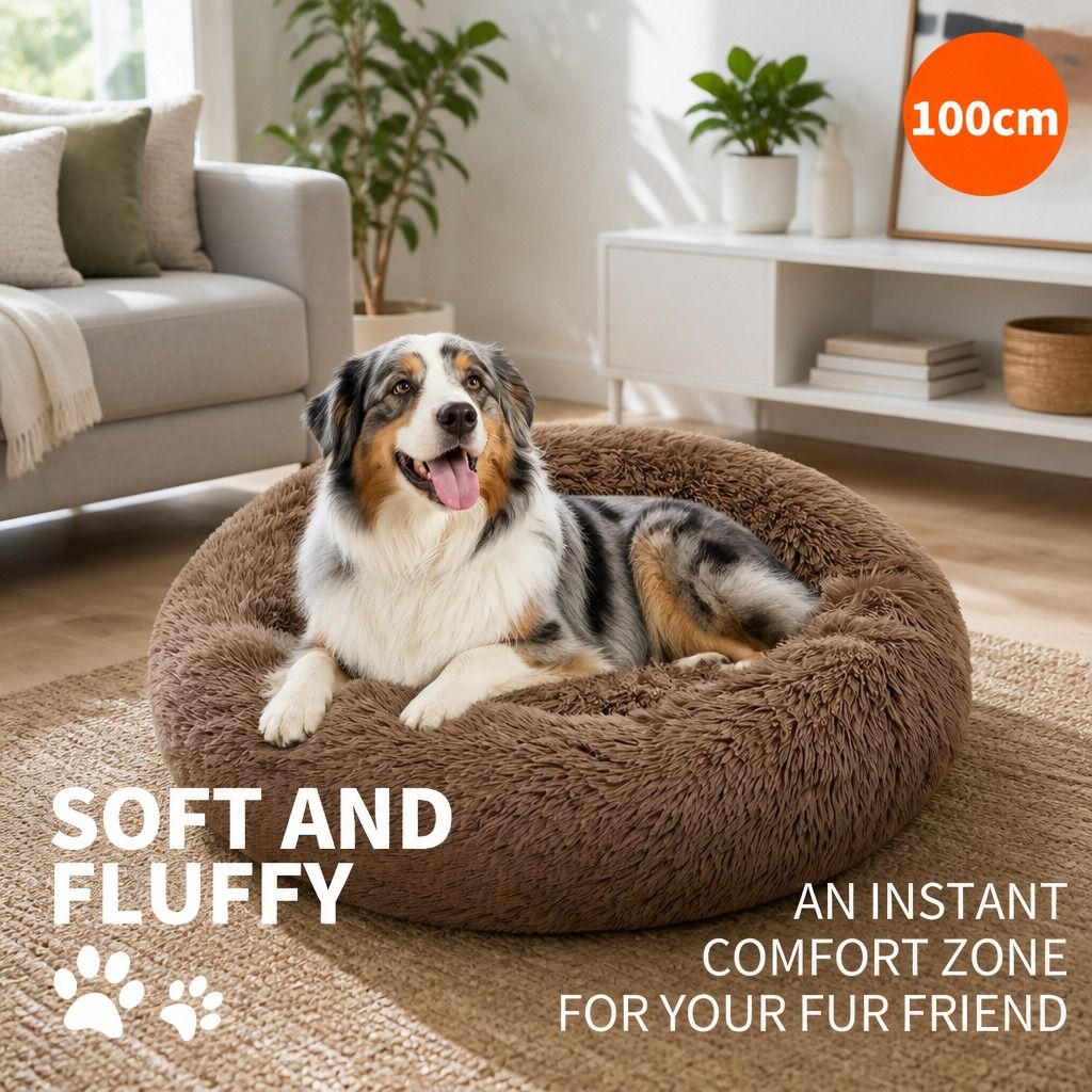 Pet Dog Bed Bedding Warm Plush Round Soft Dog Nest Light Coffee XL 100cm