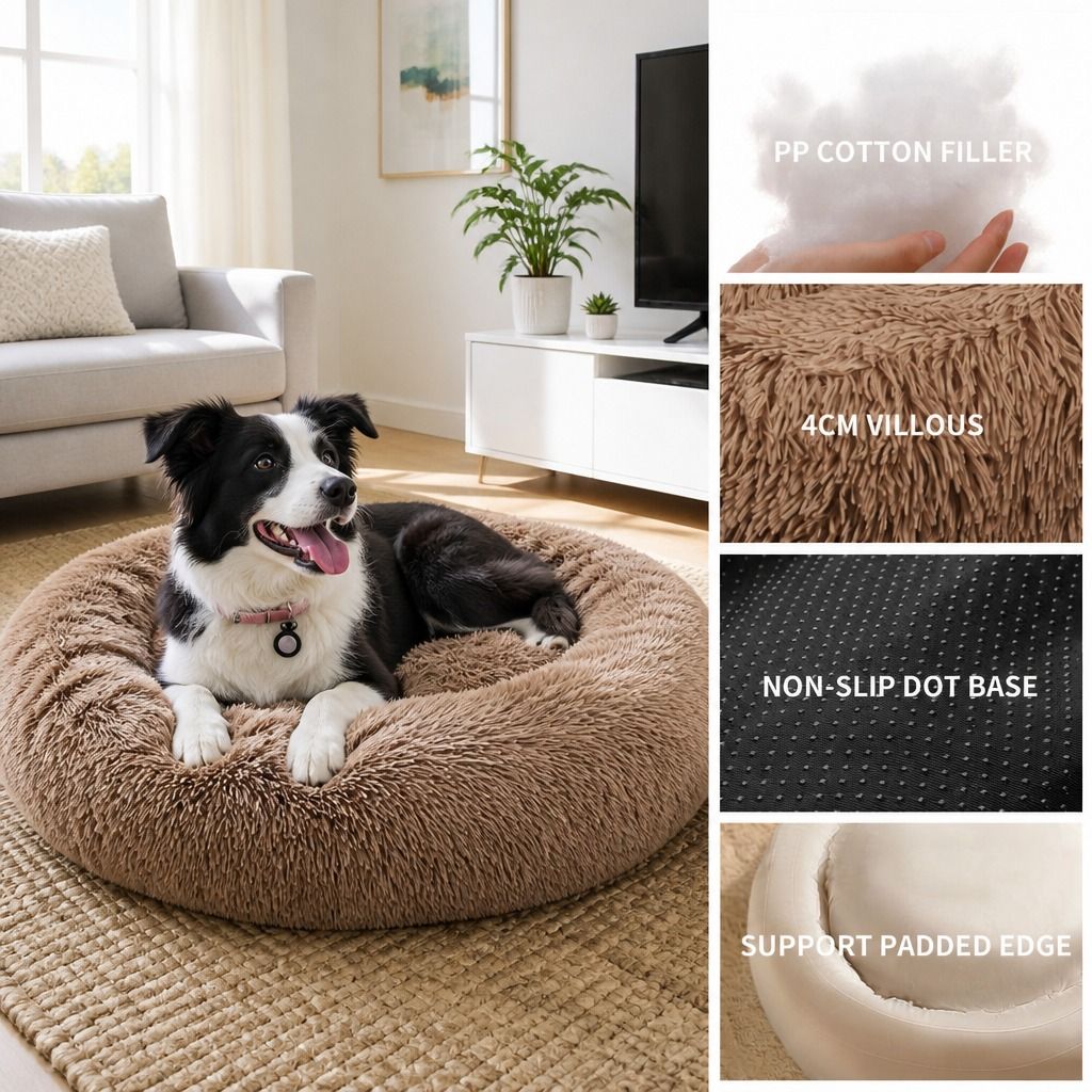 Pet Dog Bed Bedding Warm Plush Round Soft Dog Nest Light Coffee XL 100cm