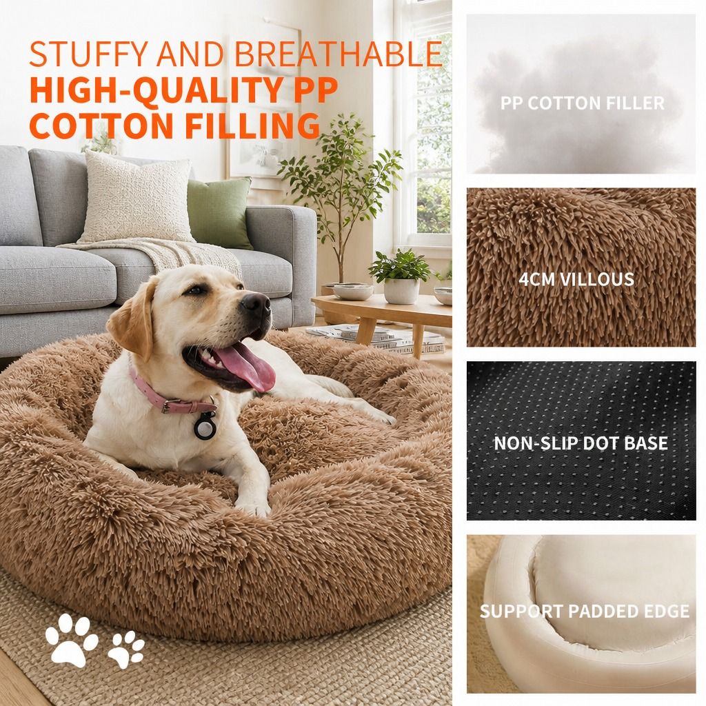 Pet Dog Bed Bedding Warm Plush Round Soft Dog Nest Light Coffee XXL 120cm