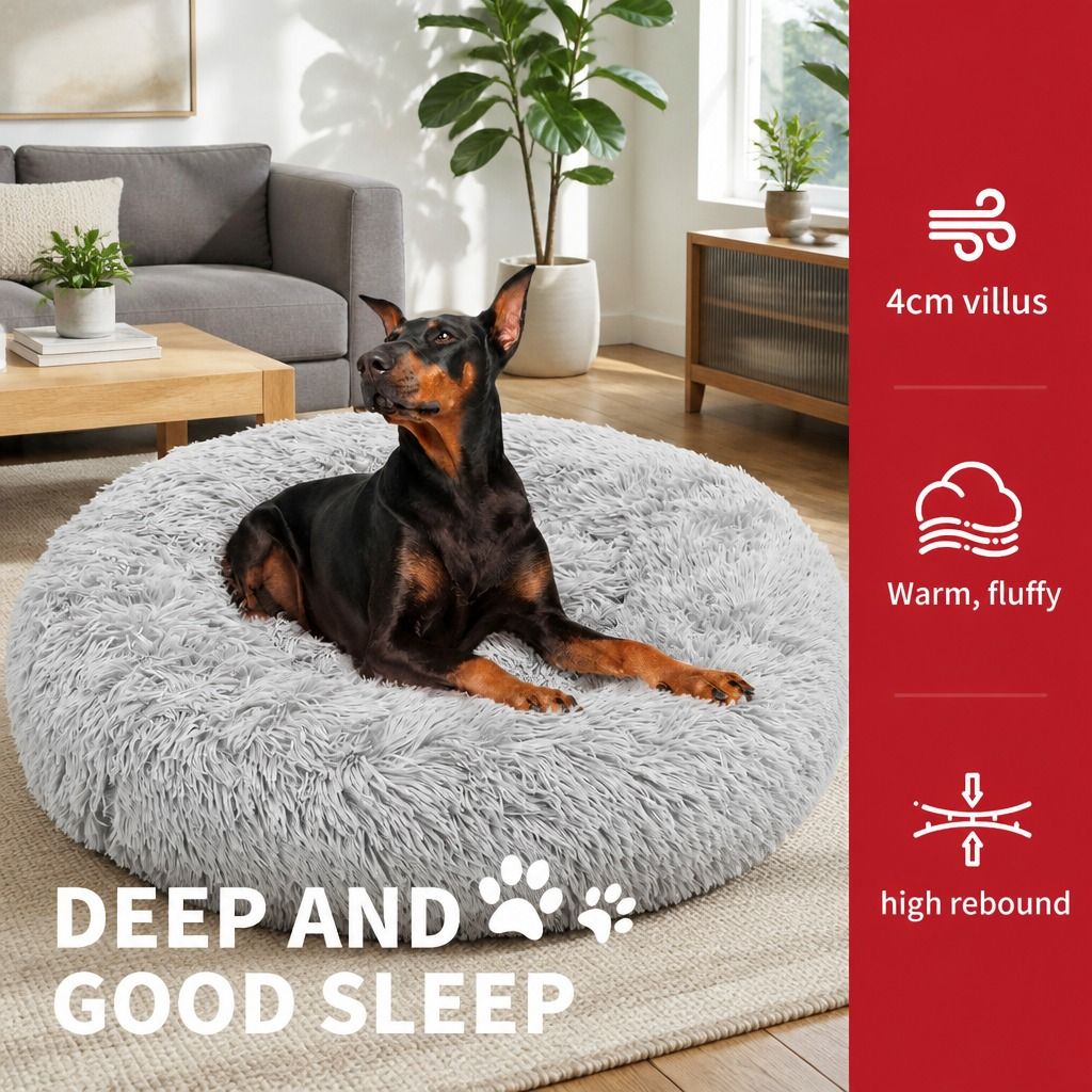 Pet Dog Bed Bedding Warm Plush Round Comfortable Dog Nest Light Grey Large 90cm Large