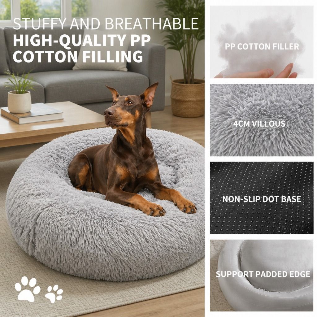 Pet Dog Bed Bedding Warm Plush Round Comfortable Dog Nest Light Grey Large 90cm Large