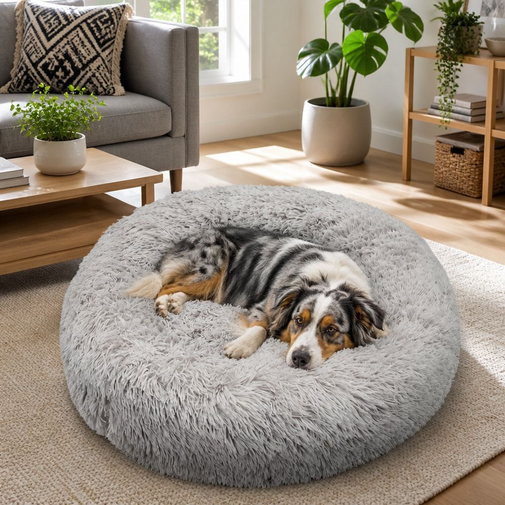 Pet Dog Bed Bedding Warm Plush Round Comfortable Dog Nest Light Grey Large 90cm Large