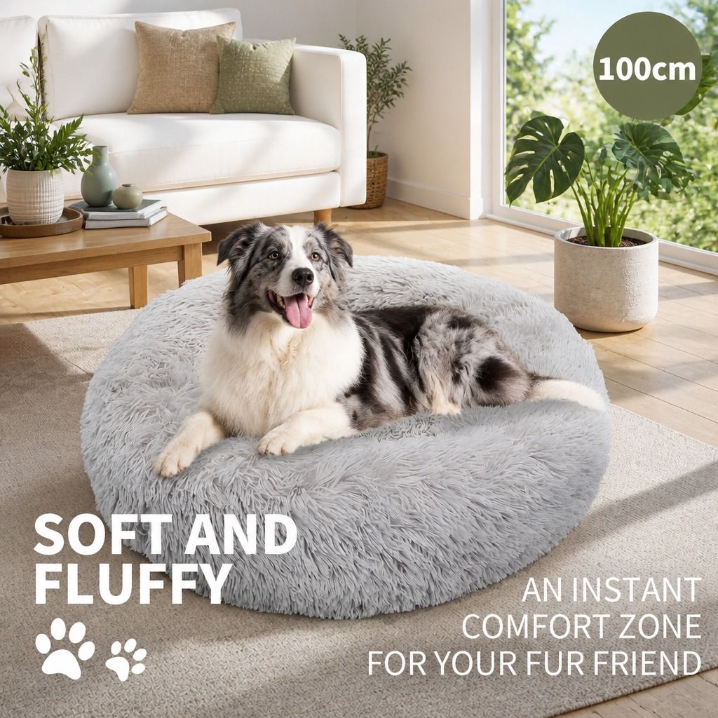 Pet Dog Bed Bedding Warm Plush Round Comfort Dog Nest Light Grey kennel XL 100cm
