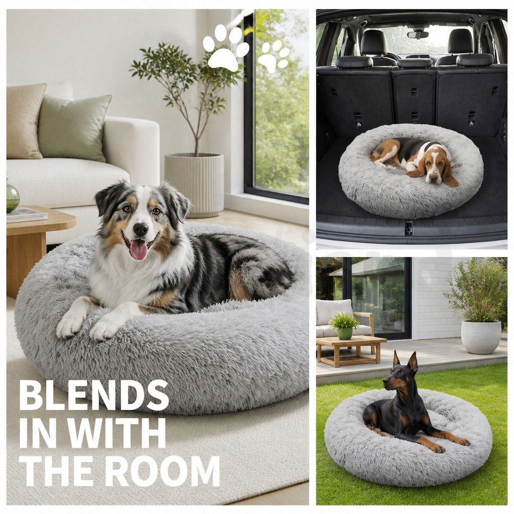Pet Dog Bed Bedding Warm Plush Round Comfort Dog Nest Light Grey kennel XL 100cm