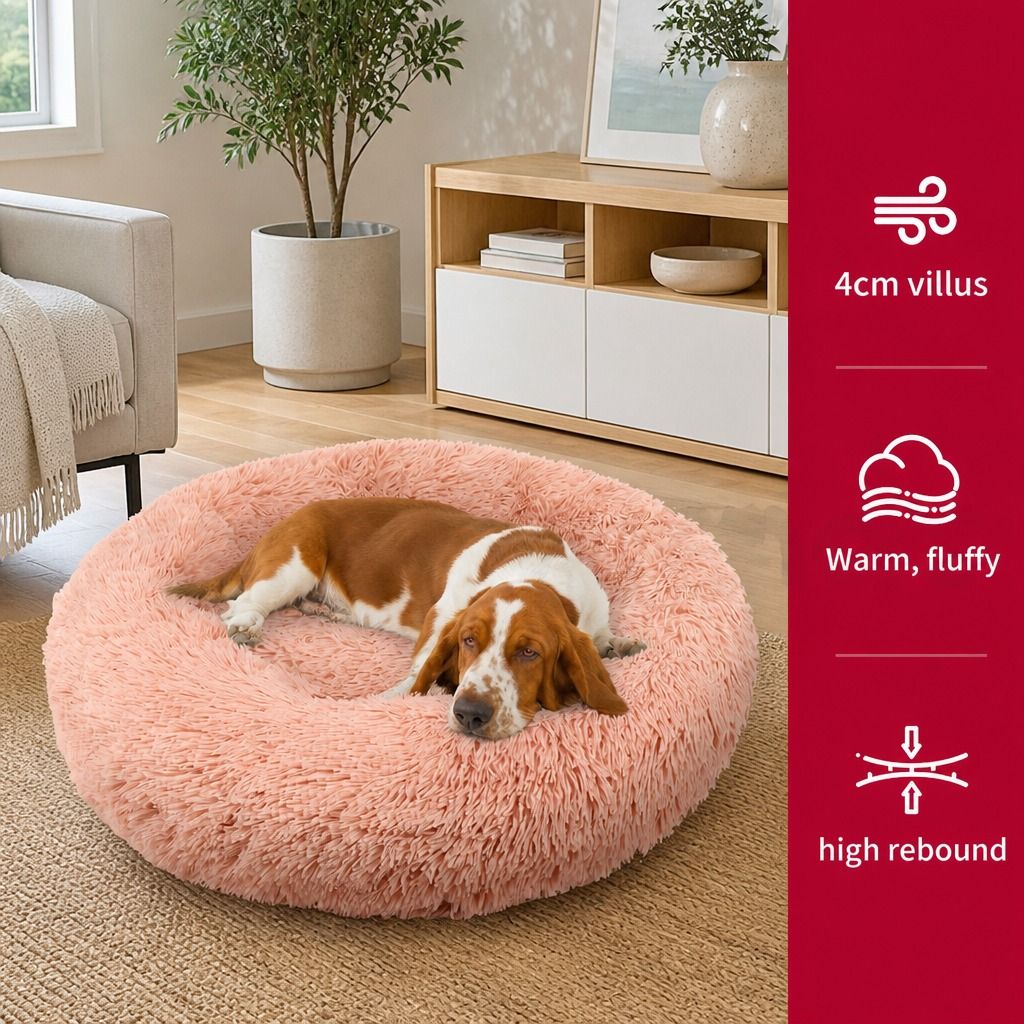 Pet Dog Bedding Warm Plush Round Comfortable Nest Comfy Sleeping kennel Pink Large 90cm