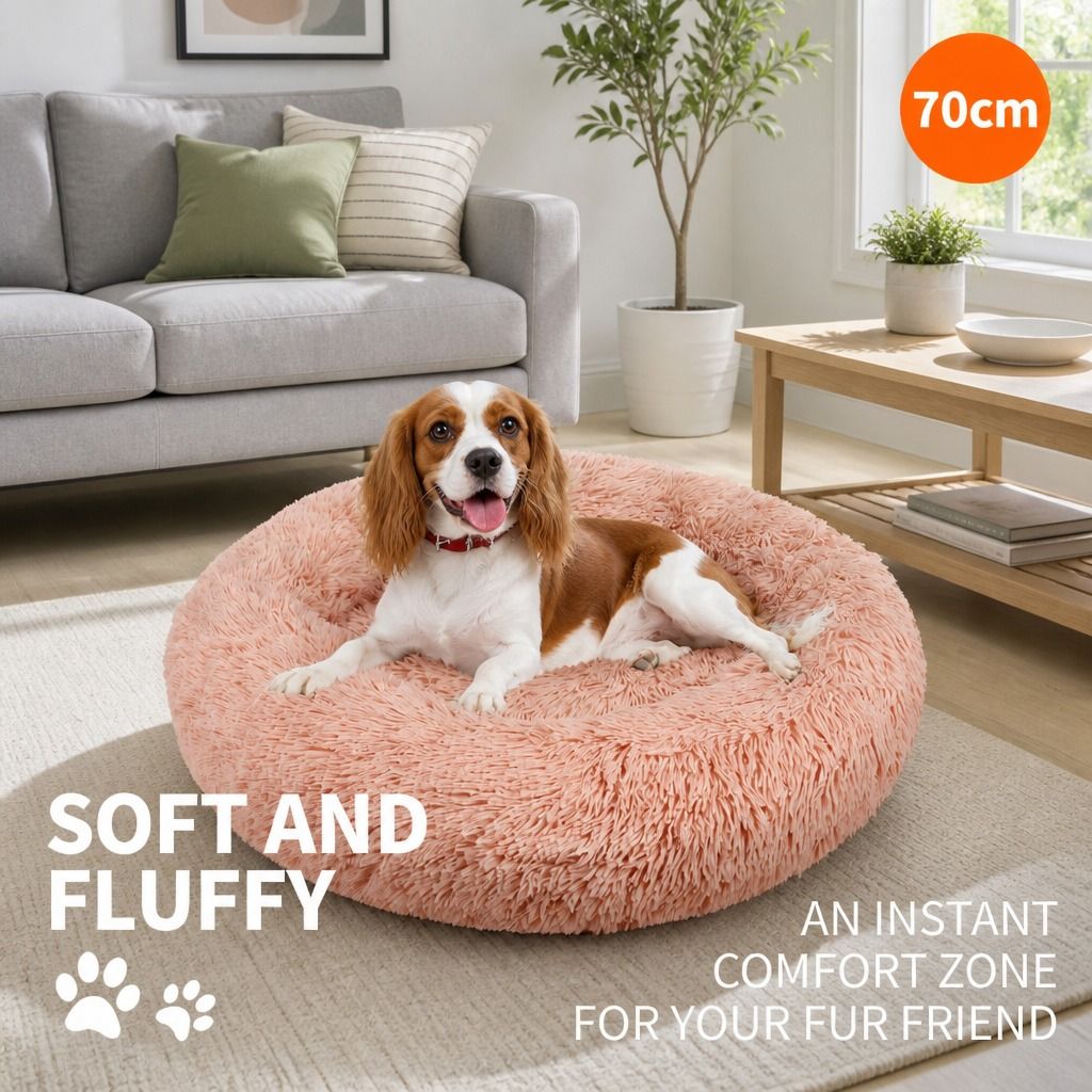 Pet Dog Bedding Warm Plush Round Comfortable Nest Comfy Sleep kennel Pink M 70cm