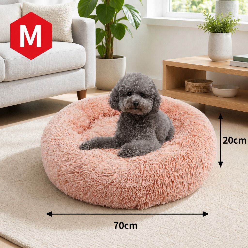 Pet Dog Bedding Warm Plush Round Comfortable Nest Comfy Sleep kennel Pink M 70cm