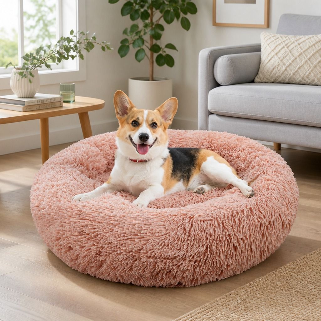 Pet Dog Bedding Warm Plush Round Comfortable Nest Comfy Sleep kennel Pink M 70cm