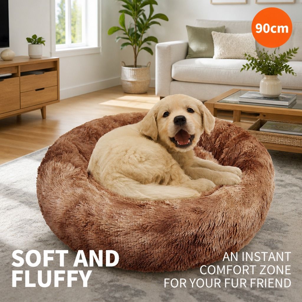 Dog Cat Pet Calming Bed Warm Soft Plush Round Nest Comfy Sleeping Kennel Cave AU