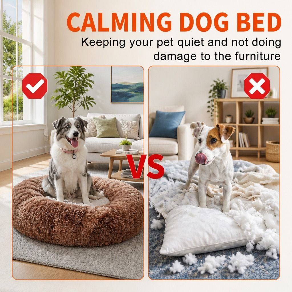 Dog Cat Pet Calming Bed Warm Soft Plush Round Nest Comfy Sleeping Kennel Cave AU