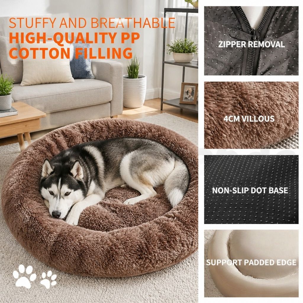Dog Cat Pet Calming Bed Warm Soft Plush Round Nest Comfy Sleeping Kennel Cave AU