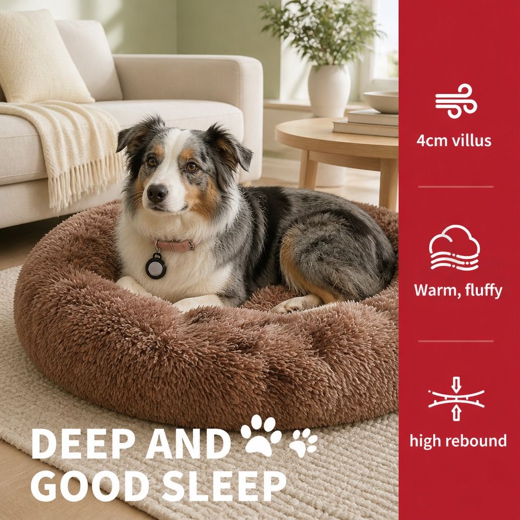 Dog Cat Pet Calming Bed Warm Soft Plush Round Nest Comfy Sleeping Cave 120cm