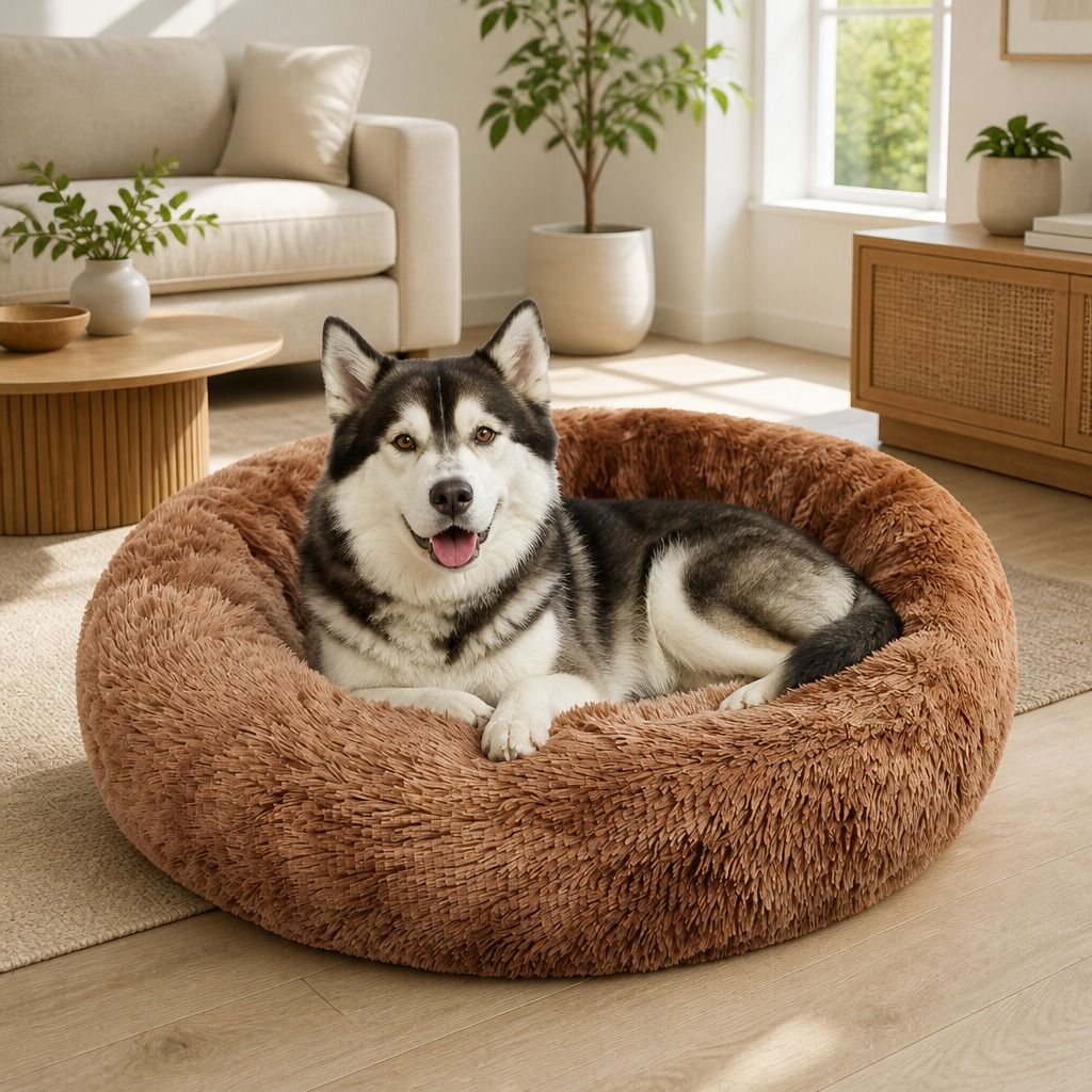 Dog Cat Pet Calming Bed Warm Soft Plush Round Nest Comfy Sleeping Cave 120cm