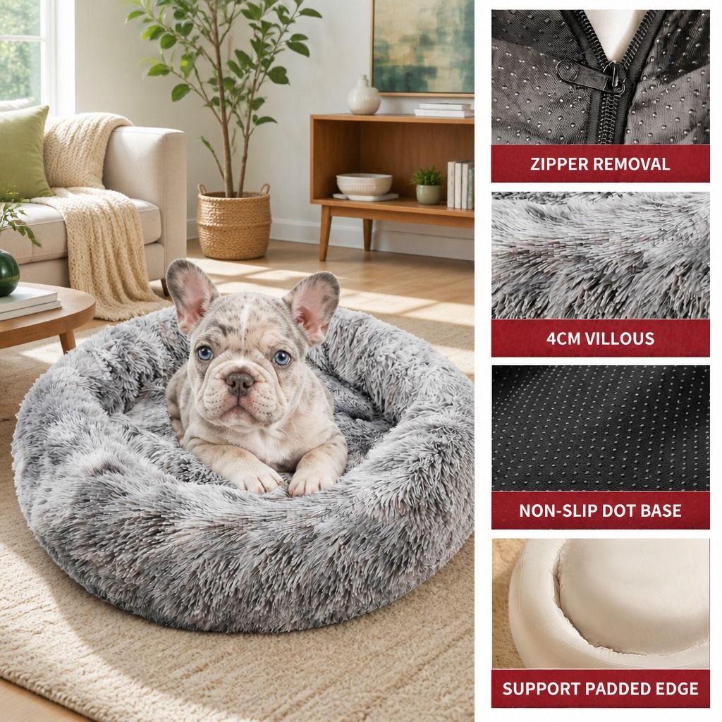 Dog Cat Pet Calming Bed Washable ZIPPER Cover Warm Soft Plush Round Sleeping 70