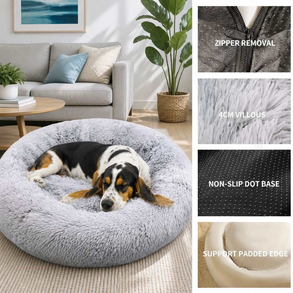 Dog Cat Pet Calming Bed Washable ZIPPER Cover Warm Soft Plush Round Sleeping 100